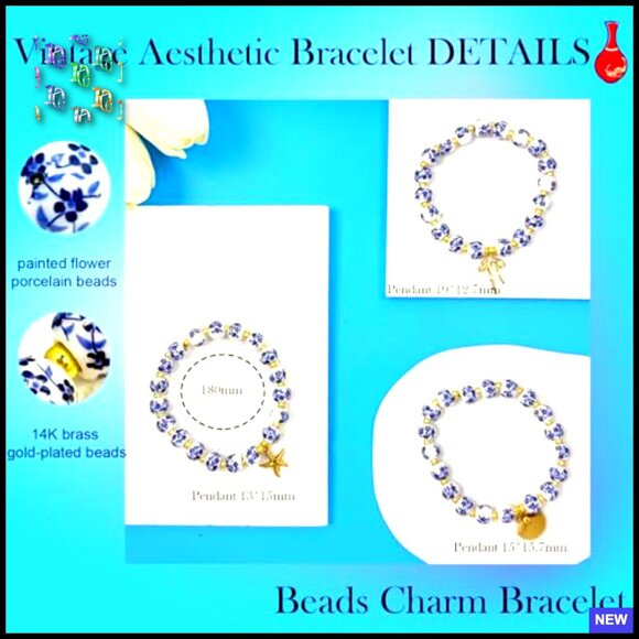 Vintage Floral Beaded Stretch Bracelet Set Handmade Porcelain Boho Charm Jewelry - Picture 4 of 7